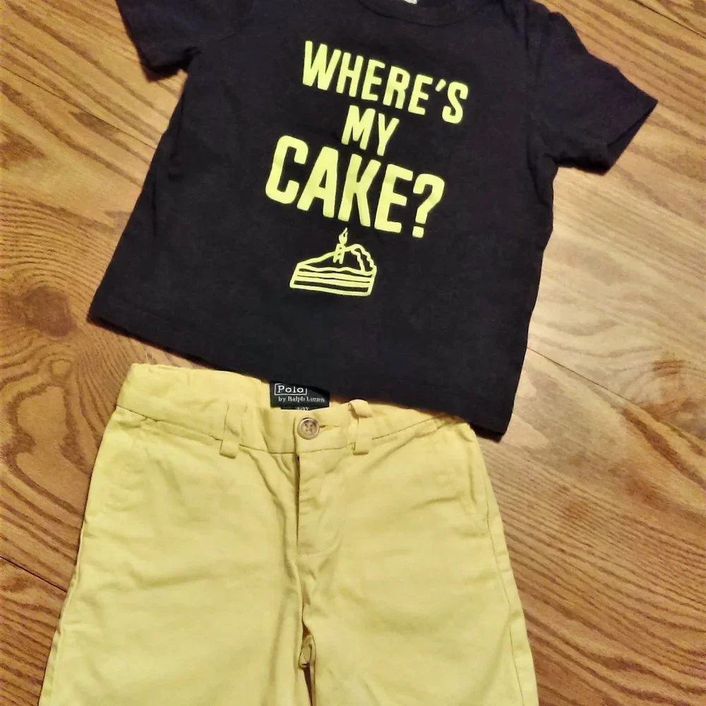 🎂 3T Boys Where's My Cake? Osh Kosh Short Sleeve Food Birthday Tee Navy Blue